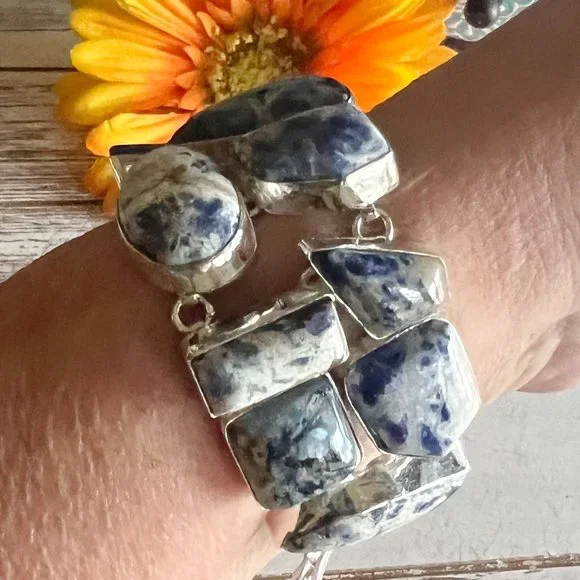 Sodalite Bracelet Handmade Stone Gemstone 925 Silver Large Ethnic Bohemian New!